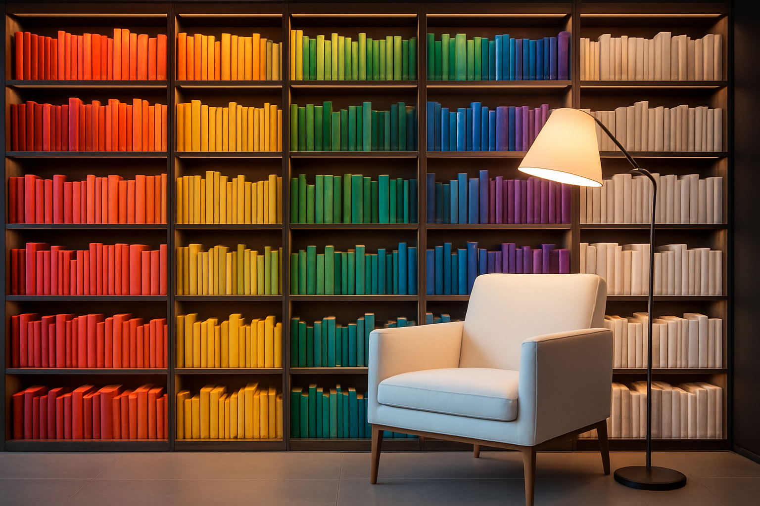 bibliothèque avec des livres classé par couleur avec un siège blanc devant et une lampe design a coté